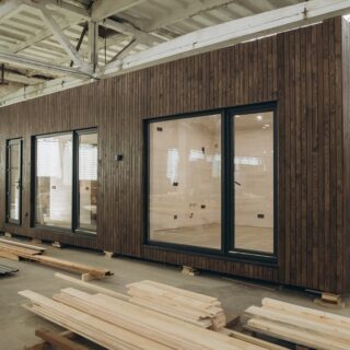 Modular building under construction in large industrial facility